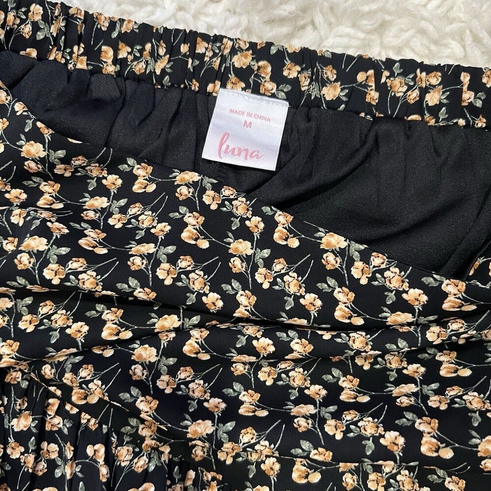Luna Black Floral Tiered Midi Skirt Womens Medium Elastic Waist Ruffle Boho - Picture 5 of 5